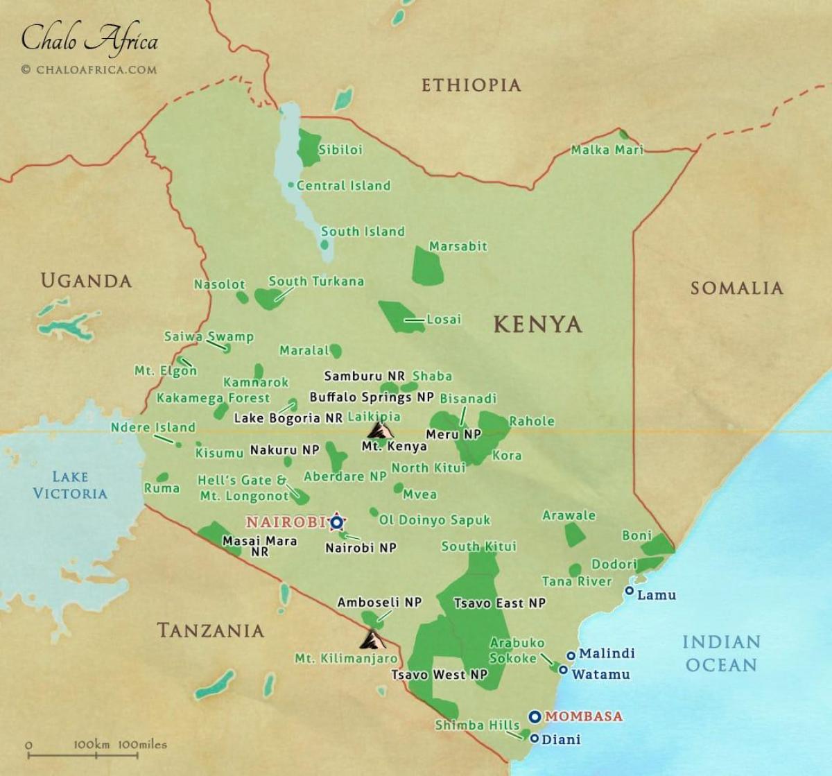 지도의 케냐 국립공원 및 보유